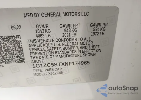 2022 Chevrolet Malibu Fwd 1Fl z USA, uszkodzony, nr VIN 1G1ZC5STXNF174965